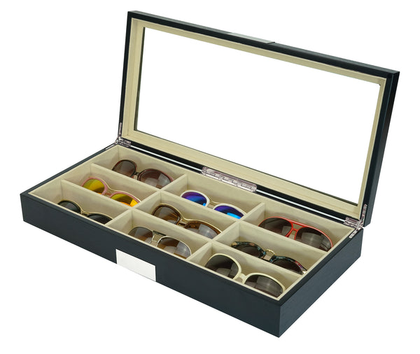 9 Piece Large Black Wood Eyeglass Sunglass One Level Glasses Display Case Storage Box