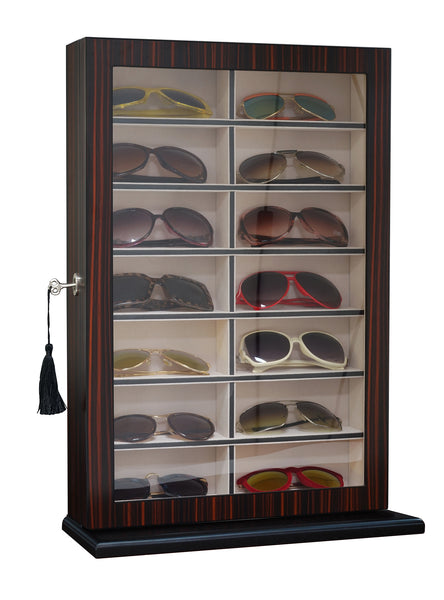 14 Piece Large Ebony Wood Eyeglass Sunglass Display Wall Hanging Case and Storage Organizer Box and Stand