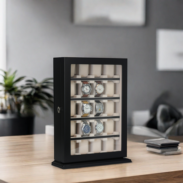 PRE-SALE 20 Piece Black Ebony Wood Watch Display Wall Hanging Case and Storage Organizer Box and Stand for Oversized Watches