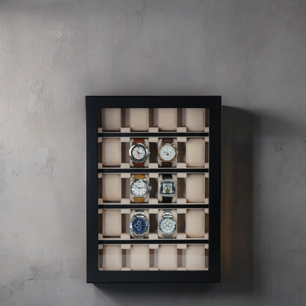 PRE-SALE 20 Piece Black Ebony Wood Watch Display Wall Hanging Case and Storage Organizer Box and Stand for Oversized Watches