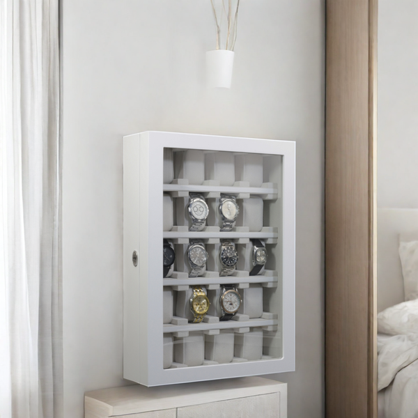 Pre- Sale 20 Piece White Wood Watch Display Wall Hanging Case and Storage Organizer Box and Stand for Oversized Watches
