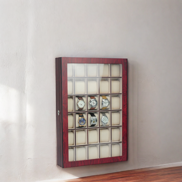 Personalized 30 Slot Cherry Wood Watch Display Wall Hanging Case and Storage Organizer Box and Stand for Oversized Watches