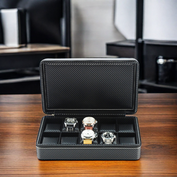 10 Watch Briefcase Black Carbon Fiber Zippered Travel Storage Case