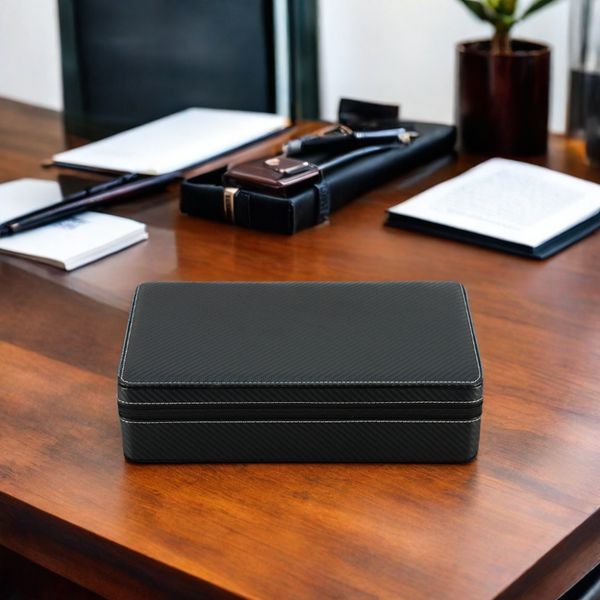 10 Watch Briefcase Black Carbon Fiber Zippered Travel Storage Case