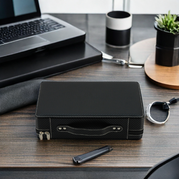 10 Watch Briefcase Black Carbon Fiber Zippered Travel Storage Case