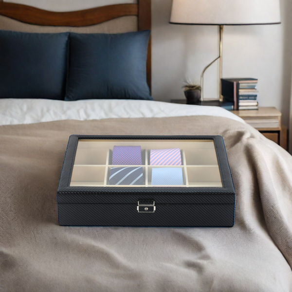 12 Piece Black Carbon Fiber Tie Display Case