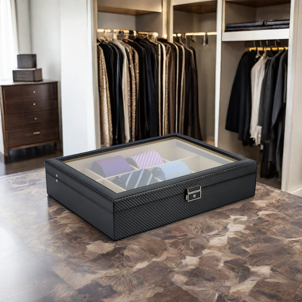 12 Piece Black Carbon Fiber Tie Display Case