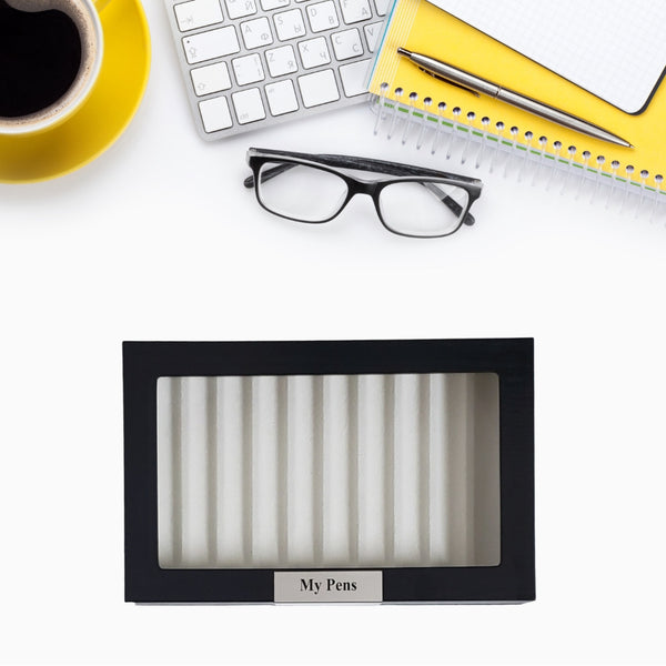 10 Piece Personalized Ebony Wood Fountain Pen Display Case Stainless Steel Accent