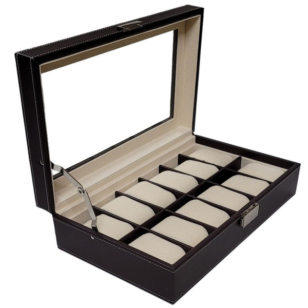12 Piece Chocolate Brown Leatherette Watch Display Case and Storage Organizer Box