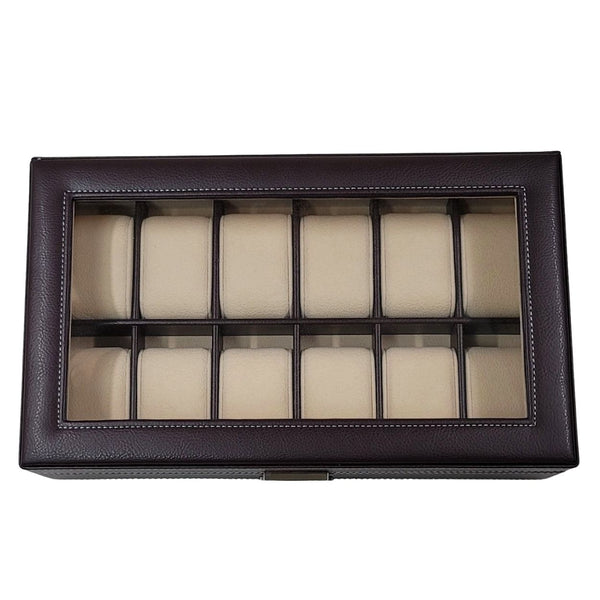 12 Piece Chocolate Brown Leatherette Watch Display Case and Storage Organizer Box