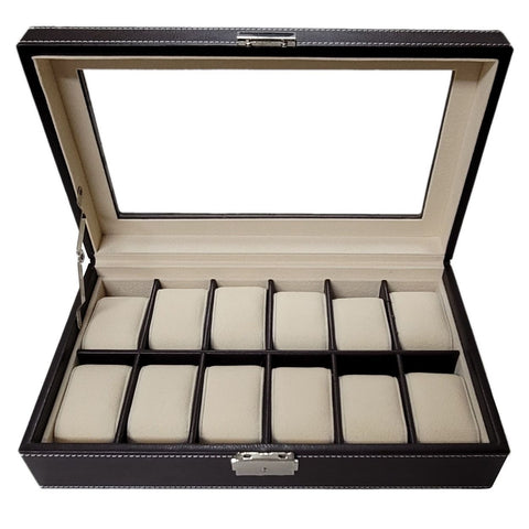 12 Piece Chocolate Brown Leatherette Watch Display Case and Storage Organizer Box