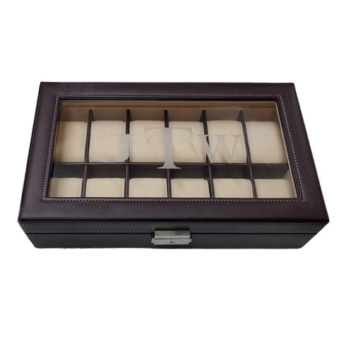 Personalized 12 Slot Chocolate Brown Leatherette Men's Watch Box Display Case Collection Jewelry Box Storage Engraved Glass Top