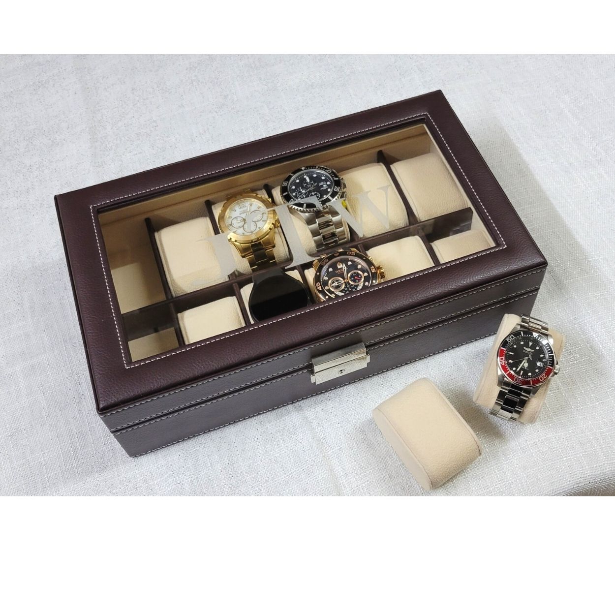 Tie Box Storage Case Organizer in Wood Glass Lid Valet - 12 Compartments