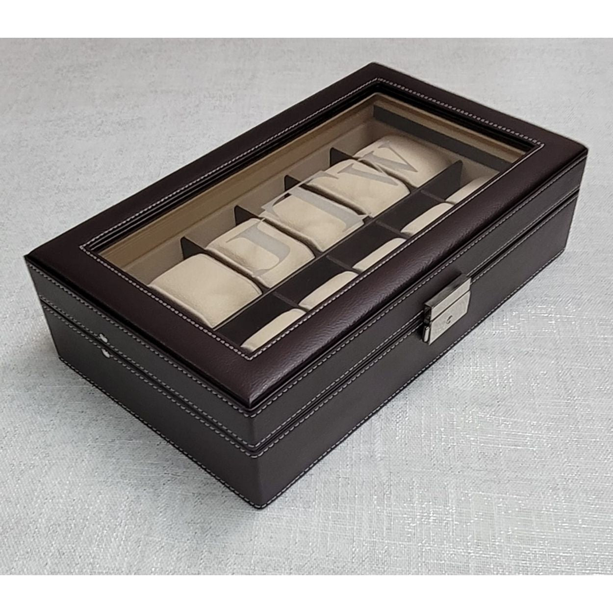 TIMELYBUYS 12 Piece Chocolate Brown Leatherette Men's Watch Box Display Case Collection Jewelry Box Storage Glass Top WatchCa