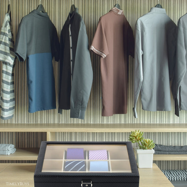 12 Slot Personalized Black Carbon Fiber Tie Display Case