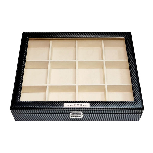 12 Slot Personalized Black Carbon Fiber Tie Display Case