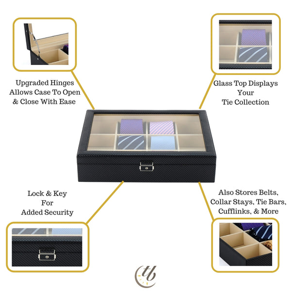12 Slot Personalized Black Carbon Fiber Tie Display Case