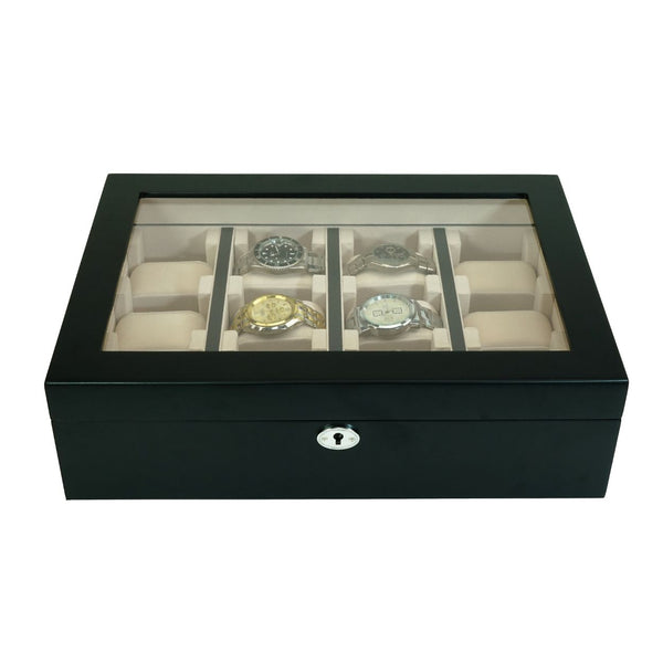 PRE-SALE 12 Piece Black Ebony Wood Watch Wall Hanging Display Case and Storage Organizer Box and Stand for Oversized Watches