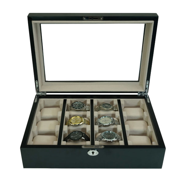 PRE-SALE 12 Piece Black Ebony Wood Watch Wall Hanging Display Case and Storage Organizer Box and Stand for Oversized Watches