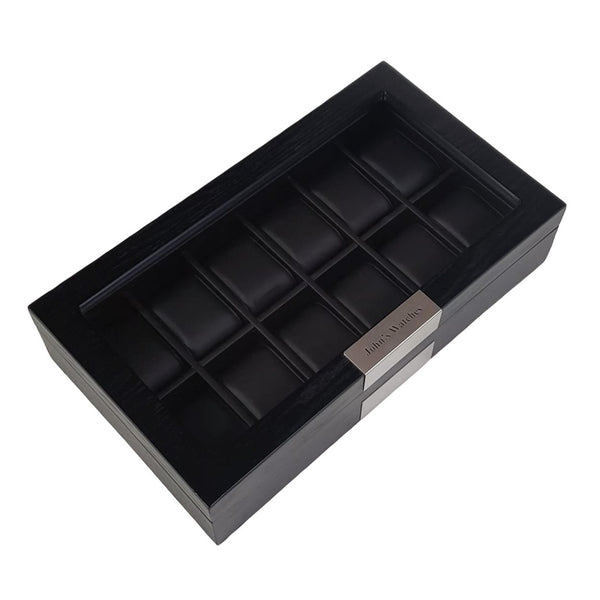 Personalized 12 Piece Black Wood Watch Box & Storage Case Stainless Steel Accent