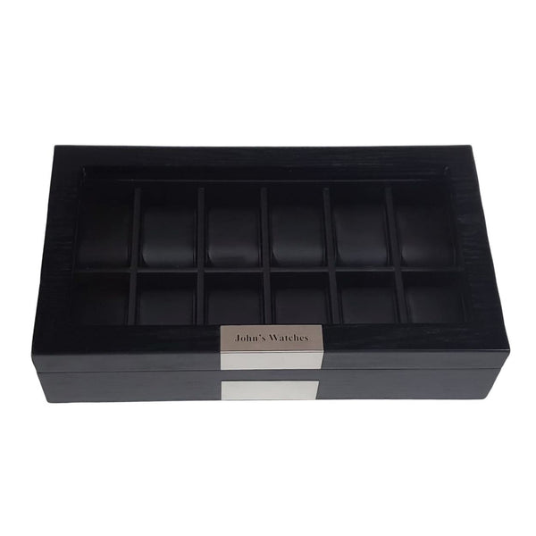 Personalized 12 Piece Black Wood Watch Box & Storage Case Stainless Steel Accent
