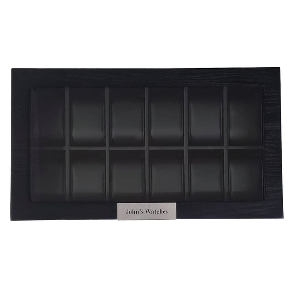 Personalized 12 Piece Black Wood Watch Box & Storage Case Stainless Steel Accent