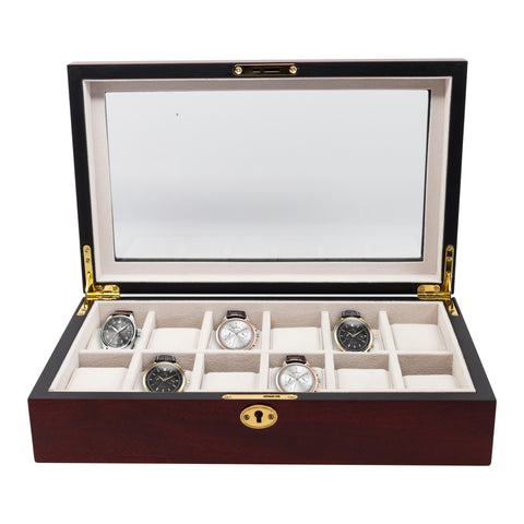 TIMELYBUYS 12 Piece Chocolate Brown Leatherette Men's Watch Box Display Case Collection Jewelry Box Storage Glass Top WatchCa