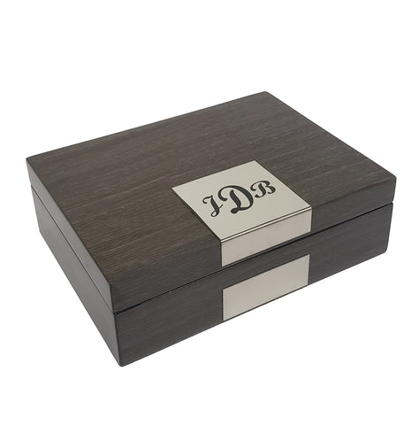 Personalized Grey Ginko Lacquered Wood Watch Cufflink Case & Ring Storage Organizer Men's Jewelry Box