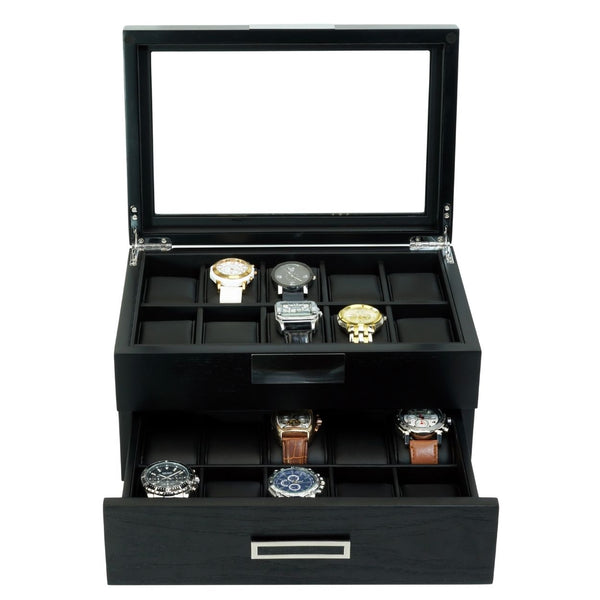 20 Piece Personalized Black Wood Watch Display Case Extra Height Drawer Storage Organizer Box