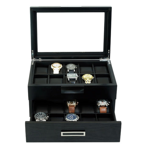 20 Black Ebony Wood Watch Box Display Case and Extra Height Drawer Storage Jewelry Organizer with Glass Top