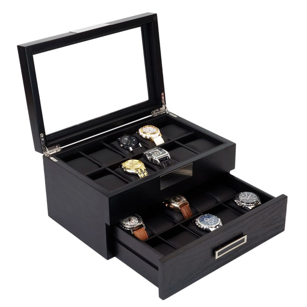 20 Black Ebony Wood Watch Box Display Case and Extra Height Drawer Storage Jewelry Organizer with Glass Top
