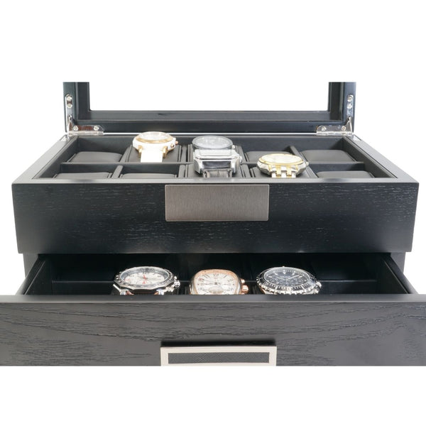 20 Black Ebony Wood Watch Box Display Case and Extra Height Drawer Storage Jewelry Organizer with Glass Top
