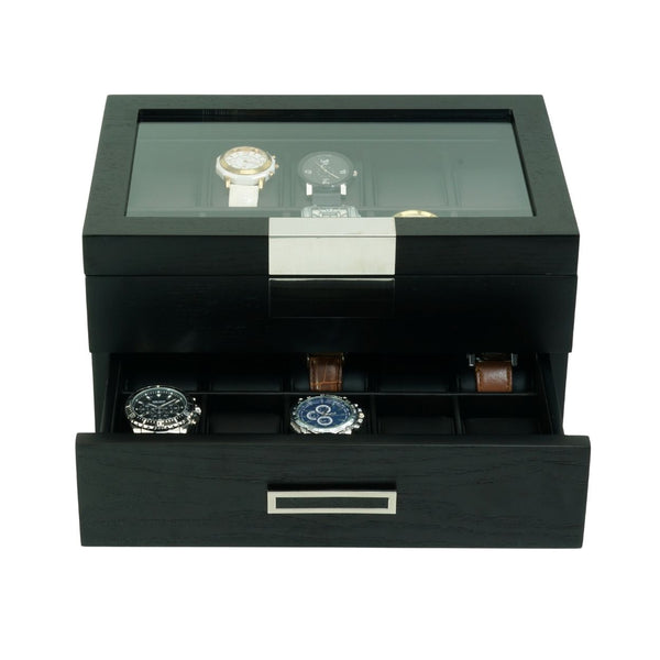 20 Black Ebony Wood Watch Box Display Case and Extra Height Drawer Storage Jewelry Organizer with Glass Top