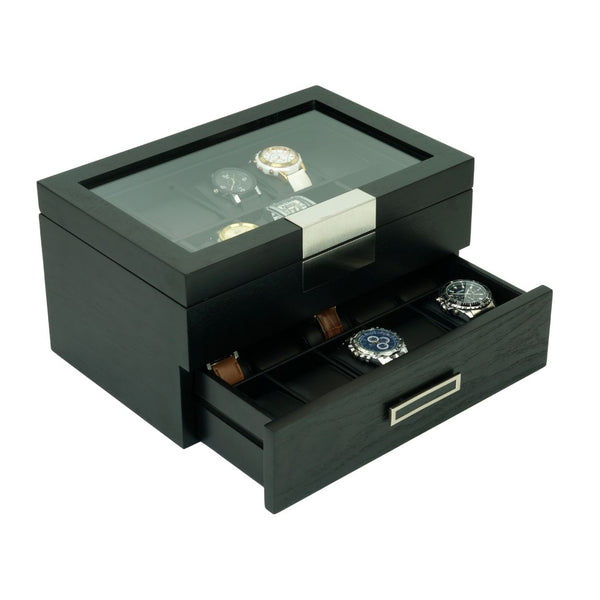 20 Black Ebony Wood Watch Box Display Case and Extra Height Drawer Storage Jewelry Organizer with Glass Top
