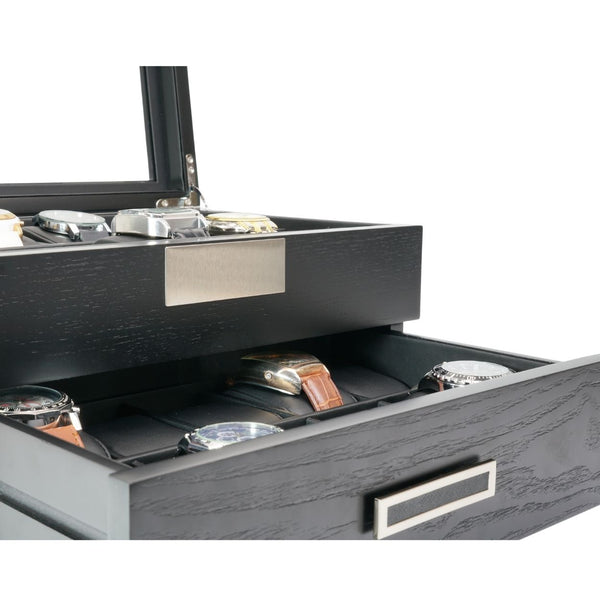 20 Black Ebony Wood Watch Box Display Case and Extra Height Drawer Storage Jewelry Organizer with Glass Top