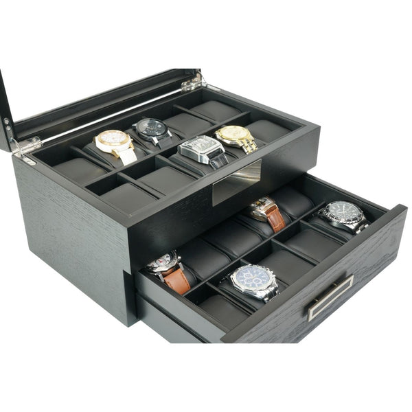 20 Black Ebony Wood Watch Box Display Case and Extra Height Drawer Storage Jewelry Organizer with Glass Top