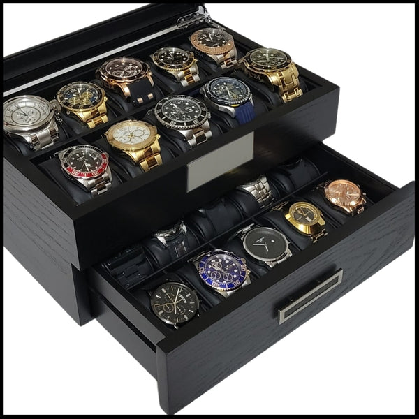 20 Piece Personalized Black Wood Watch Display Case Extra Height Drawer Storage Organizer Box