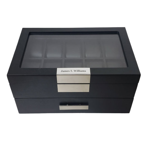 20 Piece Personalized Black Wood Watch Display Case Extra Height Drawer Storage Organizer Box