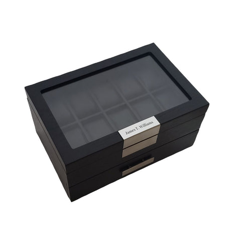 20 Piece Personalized Black Wood Watch Display Case Extra Height Drawer Storage Organizer Box