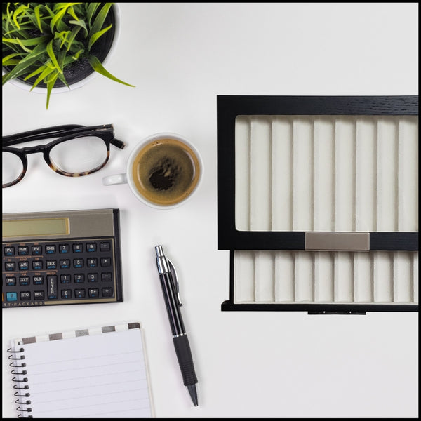 20 Piece Black Ebony Wood Two Level Pen Display Case Organizer Box