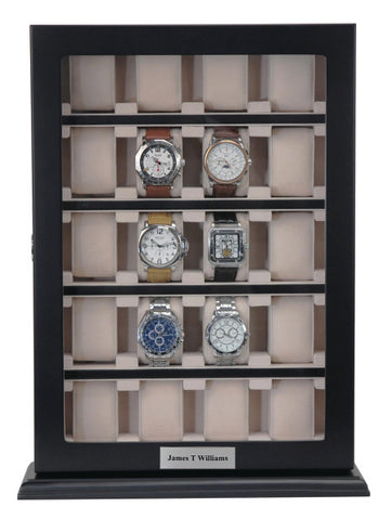 Personalized 20 Slot Black Ebony Wood Watch Display Wall Hanging Case and Storage Organizer Box and Stand for Oversized Watches