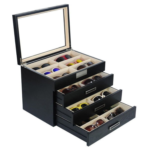 24 Piece Large Black Wood Eyeglass Four Level Glasses Display Case with Drawer