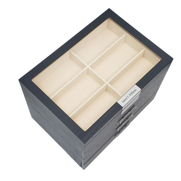 Personalized 24 Piece Large Black Wood Sunglass Display Case Drawer Storage Box