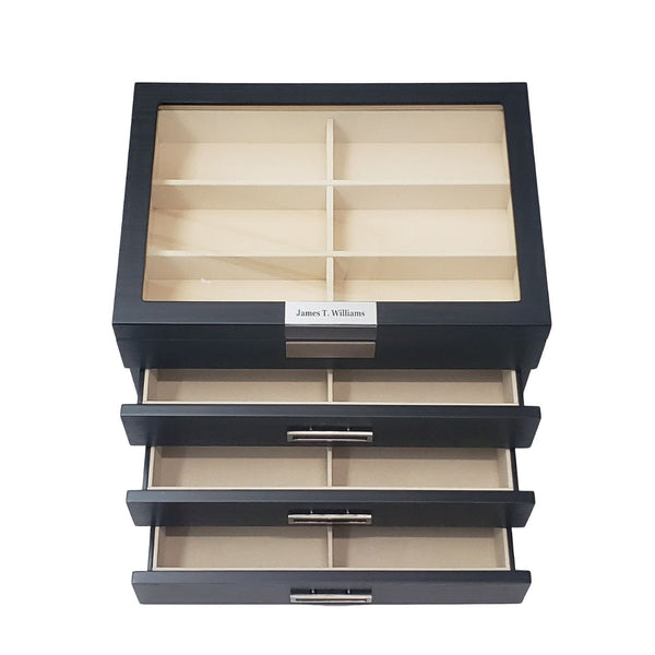 Personalized 24 Piece Large Black Wood Sunglass Display Case Drawer Storage Box