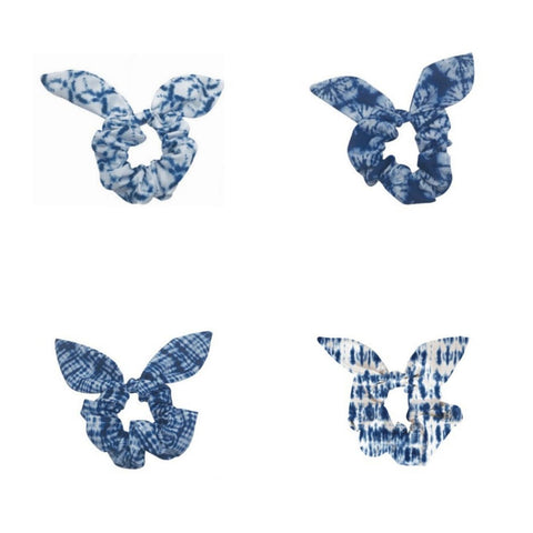 Mary Square Tie Scrunchie Boho - Set of 4 Tie Dye Tie Scrunchies Hairwraps - Various Tie Dye Patterns of Blue