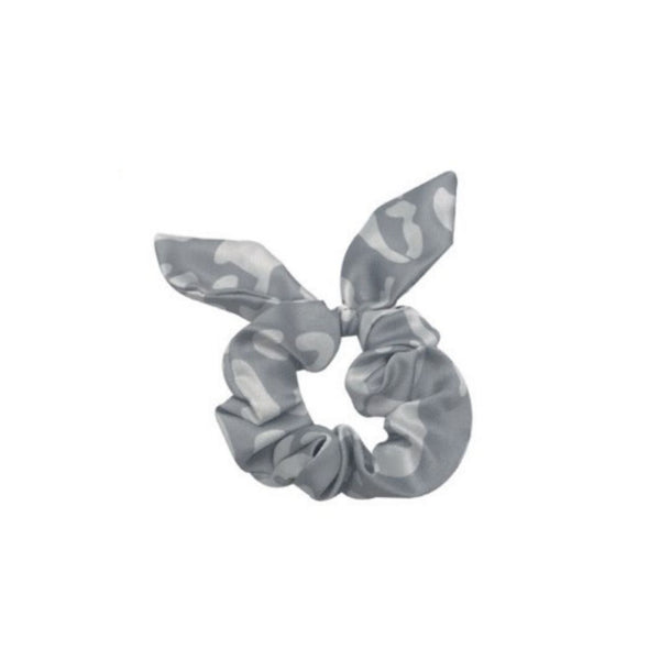 Mary Square Tie Scrunchie Boho - Set of 4 Animal Print Tie Scrunchies Hairwraps - Leopard Cheetah Patterns of Back Grey and White