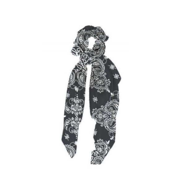 Mary Square Scarf Scrunchie Boho - Set of 4 Bandana Print Scrunchies Scarf Hairwraps - Black, Grey, White, Blue