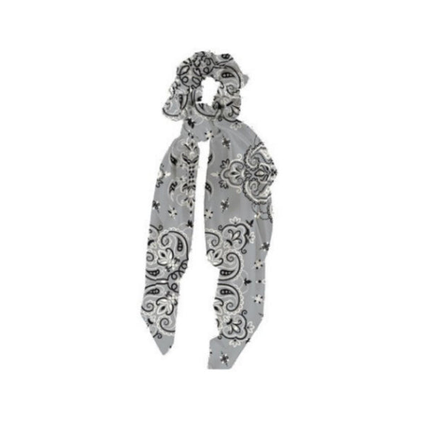 Mary Square Scarf Scrunchie Boho - Set of 4 Bandana Print Scrunchies Scarf Hairwraps - Black, Grey, White, Blue