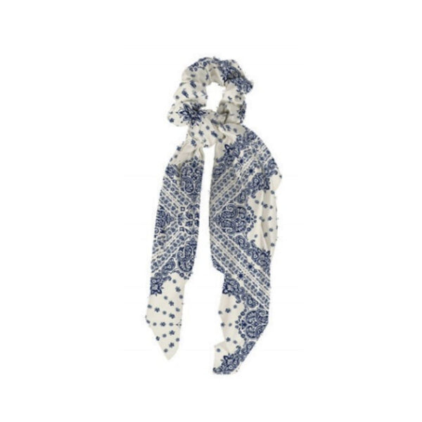 Mary Square Scarf Scrunchie Boho - Set of 4 Bandana Print Scrunchies Scarf Hairwraps - Black, Grey, White, Blue