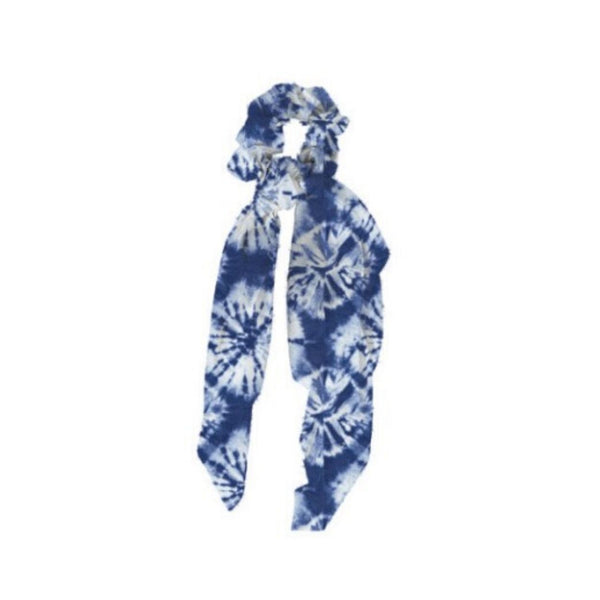 Mary Square Scarf Scrunchie Boho - Set of 4 Tie Dye Print Scrunchies Scarf Hairwraps - Various Tie Dye Patterns of Blue
